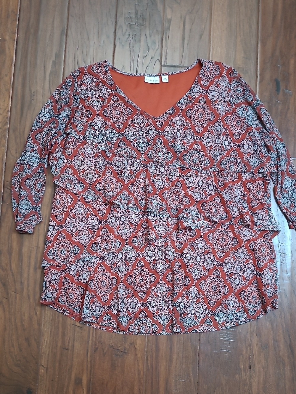 Kim Rogers Rust Red Patterned V-Neck Blouse with Sheer 3/4 Sleeves size 2X